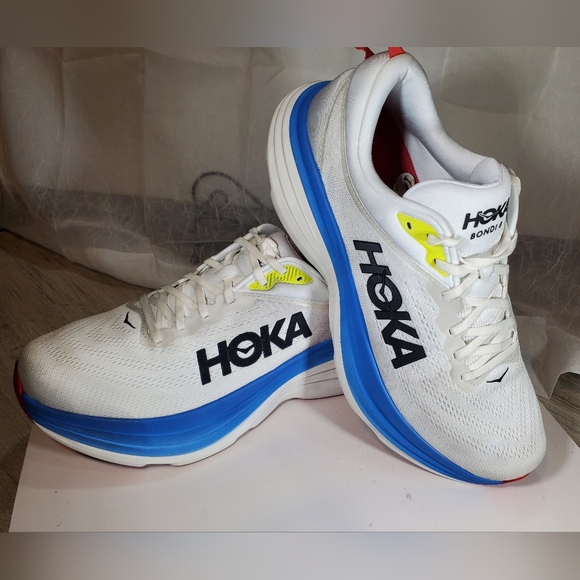 Hoka Mens Bondi 8 Running Training Shoes Red White Blue Black SIZE 11.5 - Picture 10 of 12